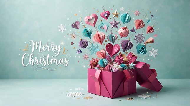 Open gift box overflowing with colorful ornaments and confetti celebration