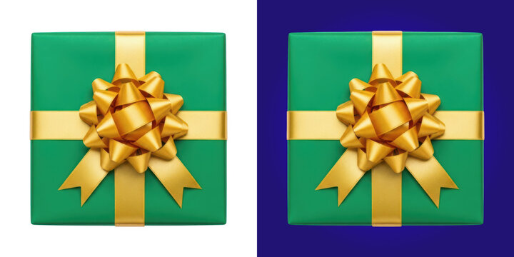 Square green gift box with a shiny gold ribbon bow decoration