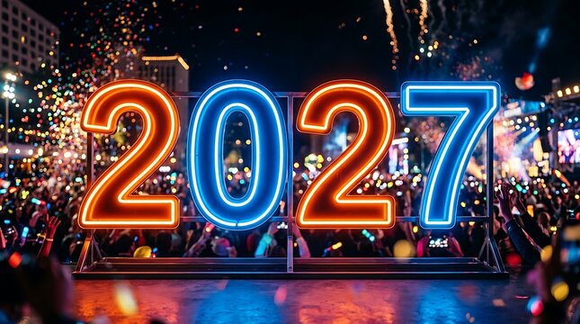 Neon illuminated 2027 new year celebration with blurred city lights background