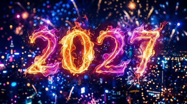 Neon glowing 2027 new year celebration with city lights background