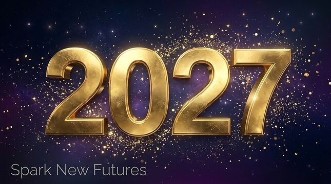 Golden 2027 new year celebration with sparkling lights and dark background