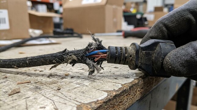 Close-up of returned appliance cord frayed near plug, electrical safety hazard and product defect