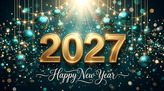 Golden 2027 new year celebration with sparkling lights and festive background