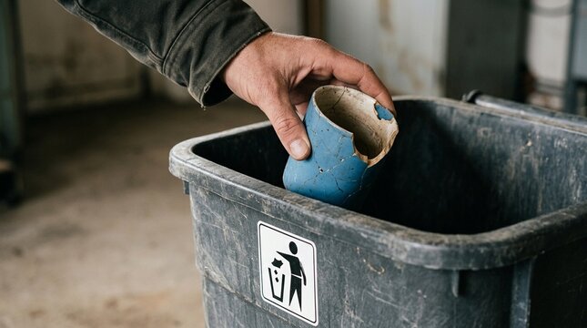 Close-up of hand placing damaged item into labeled disposal bin, product waste and recycling process
