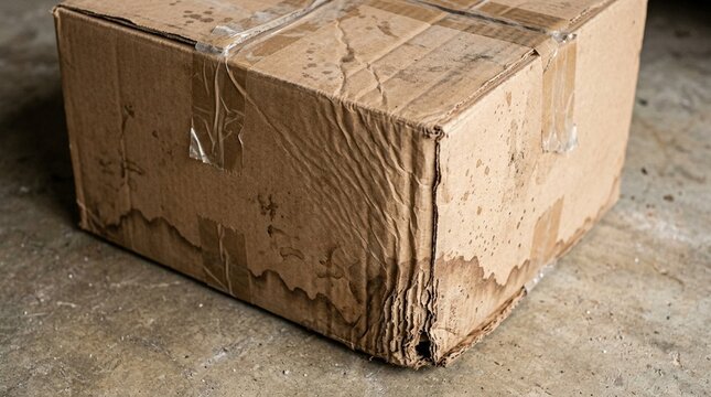 Close-up of return box with water damage staining cardboard, wet package and shipping damage
