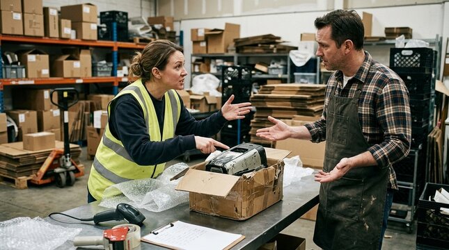 Two warehouse workers arguing over how to categorize borderline return, workplace disagreement in logistics
