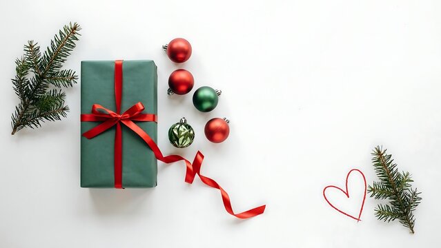 Festive christmas gift with ornaments and evergreen branches on white background