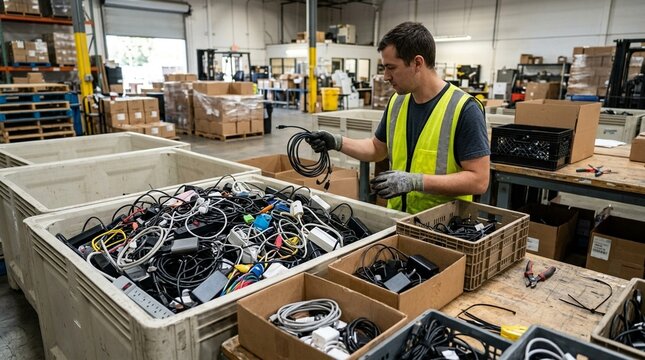 Warehouse worker sorting bin of returned cables and chargers, electronics accessories returns processing