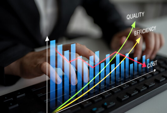 Business Analytics Growth Visualization with Graphs and Metrics Representing Quality, Efficiency, and Cost Analysis on a Computer Keyboard. Bitwise.