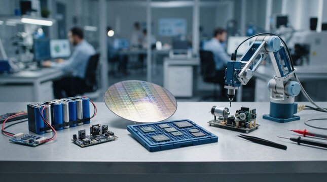 AI and deep tech startup investment rebound with silicon wafer, battery cells, sensor modules, semiconductor trays, and robotic arm on a workbench.