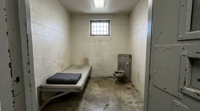 Empty single prison cell viewed through an open doorway. Small correctional room with metal bed and toilet unit