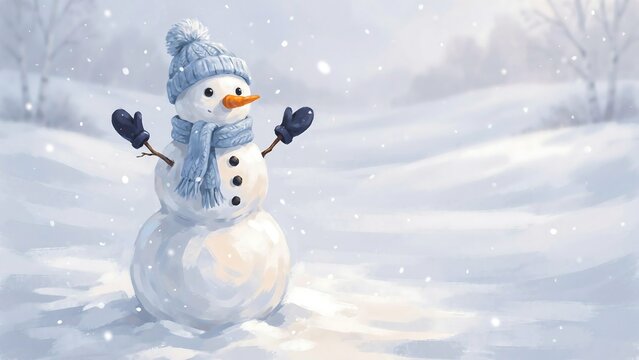 Charming snowman stands in a winter wonderland with falling snowflakes