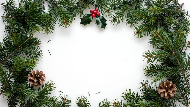 Festive christmas wreath with pine branches and pinecones on a white background