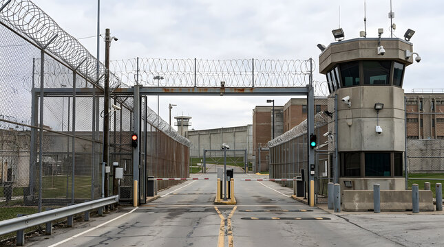 Secure prison entrance gates. Heavy metal security gates and watchtower at correctional facility perimeter