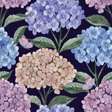 Pastel Hydrangea and Butterfly Seamless Pattern on Navy. Botanical illustration with blue, lilac and blush blooms and lush green leaves. Romantic garden background for wallpaper, textiles.