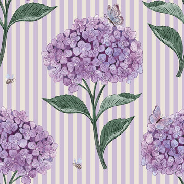 Lilac Hydrangea Pattern with Bees and Butterflies on Stripes. Seamless illustration with green leaves and vertical lilac and cream bands. Romantic garden background for wallpaper and textiles.