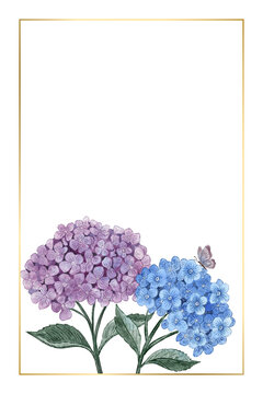Hydrangea Floral Invitation with Butterfly and Gold Frame. vertical card with blue and purple blooms, green leaves and blank copy space. Romantic botanical background for weddings and stationery.