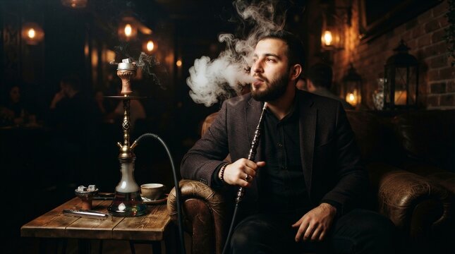 Bearded man inhaling shisha smoke in dim cozy lounge
