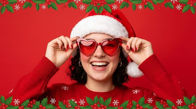Festive young woman wearing a santa hat and red sunglasses smiles brightly