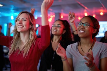 Obraz premium Excitement fills the room as friends engage in an interactive event at a modern venue