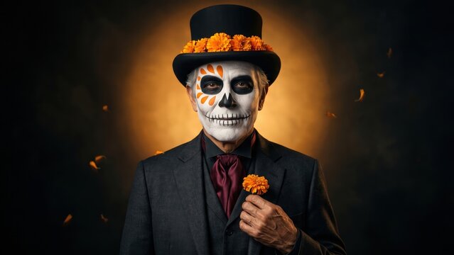 Elegant Catrin Man with Skull Face Paint &ndash; Day of the Dead Portrait.