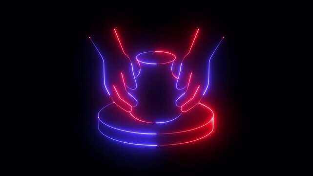 glowing neon Hands shaping clay on pottery wheel for crafting icon isolated on black background. Human hands shaping clay vase on rotating potter's wheel. Pottery, crafting, hobby, ceramics, handmade.
