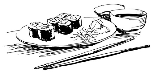 Sushi rolls with chopsticks and soy sauce in hand drawn sketchy style © Celestynka