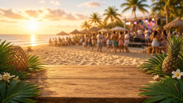 Wooden table with pineapples overlooking beach party at sunset