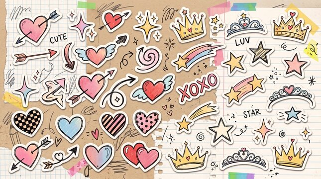 Cute hand-drawn doodle stickers with hearts, stars, crowns, and arrows on paper