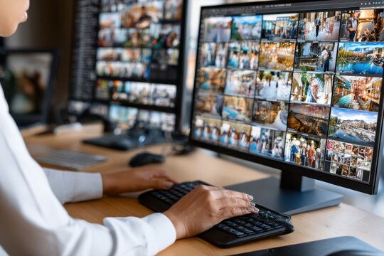 Woman working on computer in office reviewing digital images and organizing files