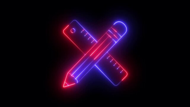 glowing neon Crossed pencil and ruler icon isolated on black background. representing design, architecture, measurement tools drafting design and geometry. 4k video animation.