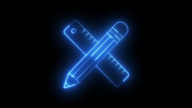 glowing neon Crossed pencil and ruler icon isolated on black background. representing design, architecture, measurement tools drafting design and geometry. 4k video animation.