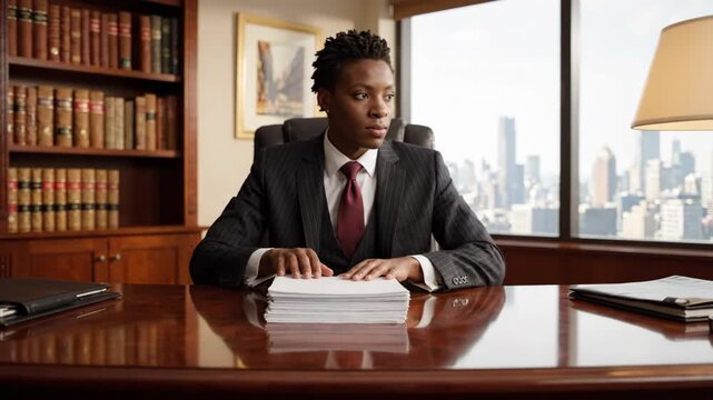 African lawyer organizing papers and reviewing large document stack polished office desk, focused man handling document files urban workplace with