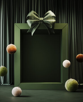 Empty open giftbox with Christmas decoration on green background. Christmas greeting card design with copy space. 3D Rendering, 3D Illustration