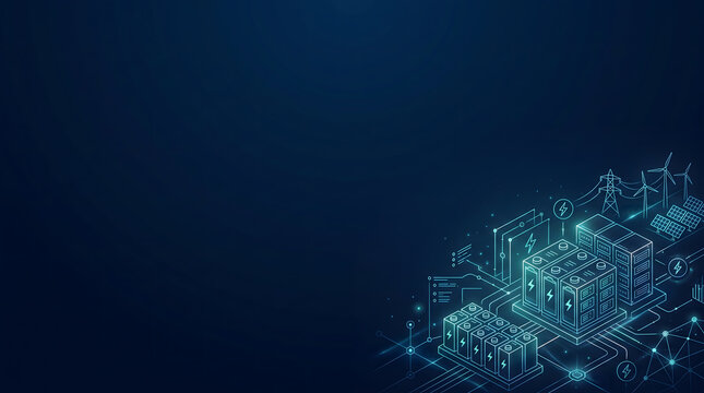 Isometric Digital Illustration of Energy Storage System With Batteries and Smart Grid Icons