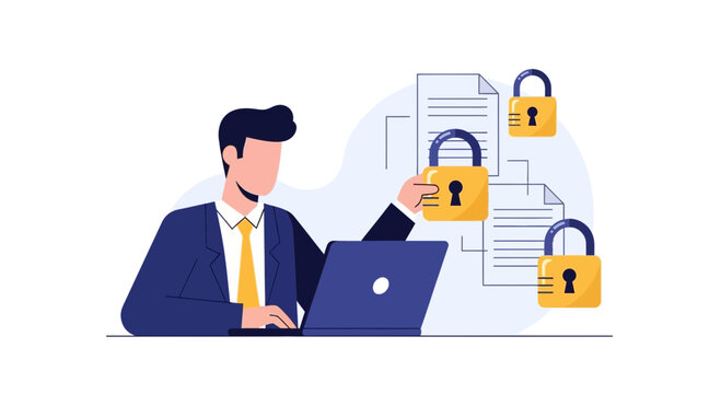 Businessman Securing Digital Documents and Data Privacy with Padlocks Illustration, Cyber Security and Information Protection Concept