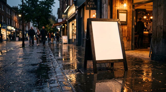 Blank A-Frame Sidewalk Chalkboard Sign Outside Pub on Rainy Cobblestone Street