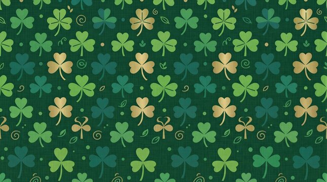Seamless clover pattern with green and gold tones on background