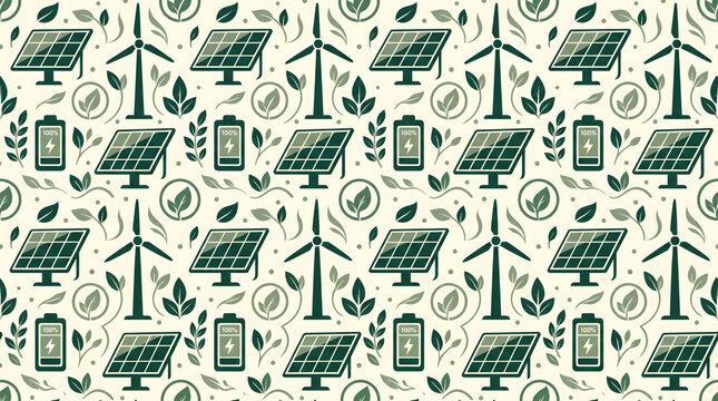 Seamless Renewable Energy Pattern With Solar Panels Wind Turbines and Battery Icons on Cream Background