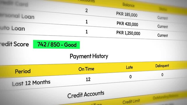 Credit report credit summary with account types and balances close up 4k footage