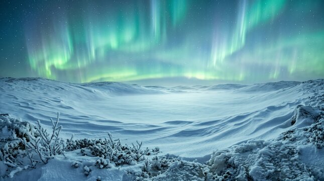 Beautiful green aurora borealis lights shining over a snowy winter mountain landscape