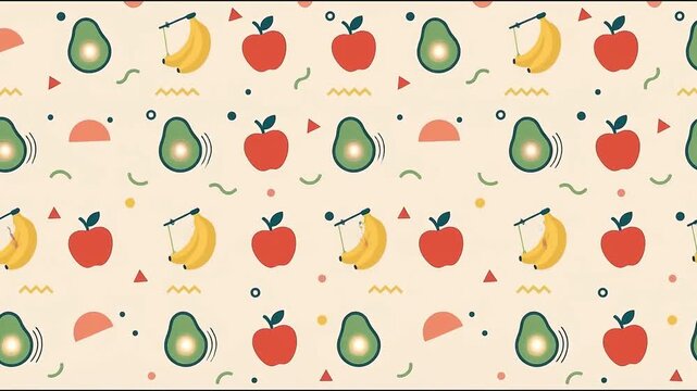 Seamless Loop Animation of Stylized Fruit Pattern with Apple Avocado and Banana