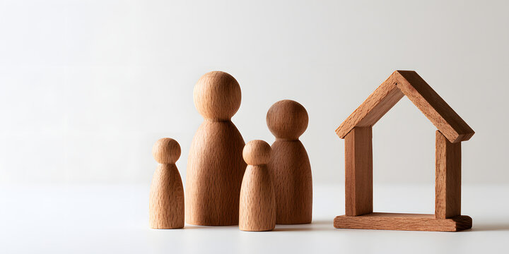 A family figurine constructed from wooden material, standing in a wooden house frame on a white background, representing a house concept with available white space