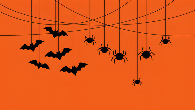 Halloween spooky vector illustration featuring black bats and creepy spiders hanging from thin strings against bright orange background