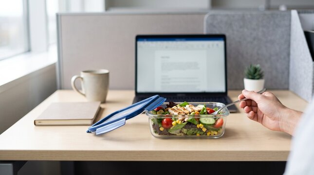 Open food container on office table, healthy lunch at work