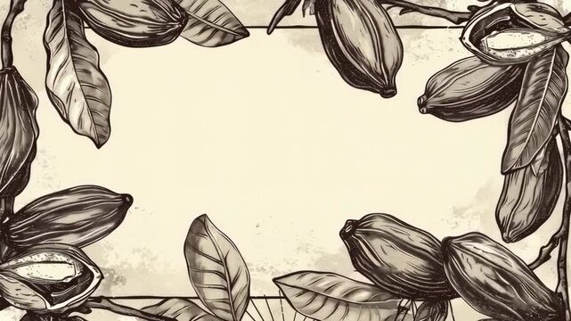 Hand-drawn Cocoa Pods and Leaf Frame with Copy Space