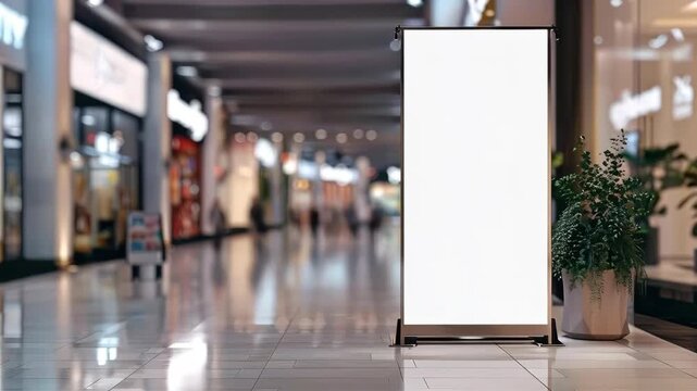 Blank white advertising banner on a stand in a shopping mall hallway
