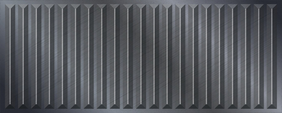 Brushed metal texture with steel container panels, silver vertical ribs and dark grey metallic sheen. Stainless corrugated container wall works as industrial background for posters, banners and cards