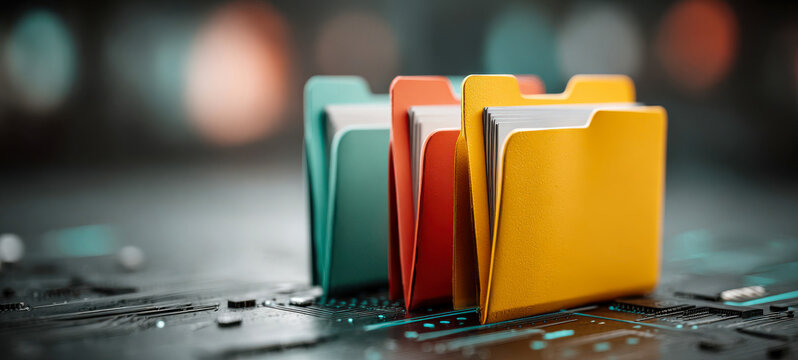 Row of colorful file folders on a desk, organized records, office workflow, document storage, administrative planning.