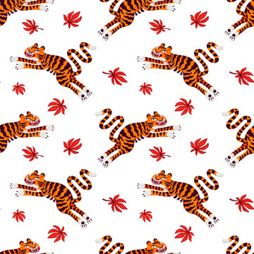 Asian seamless pattern with jumping tigers on white background. Cartoon tiger illustration with autumn leaves for fabric and wrapping paper. Drag to swatches panel to use
